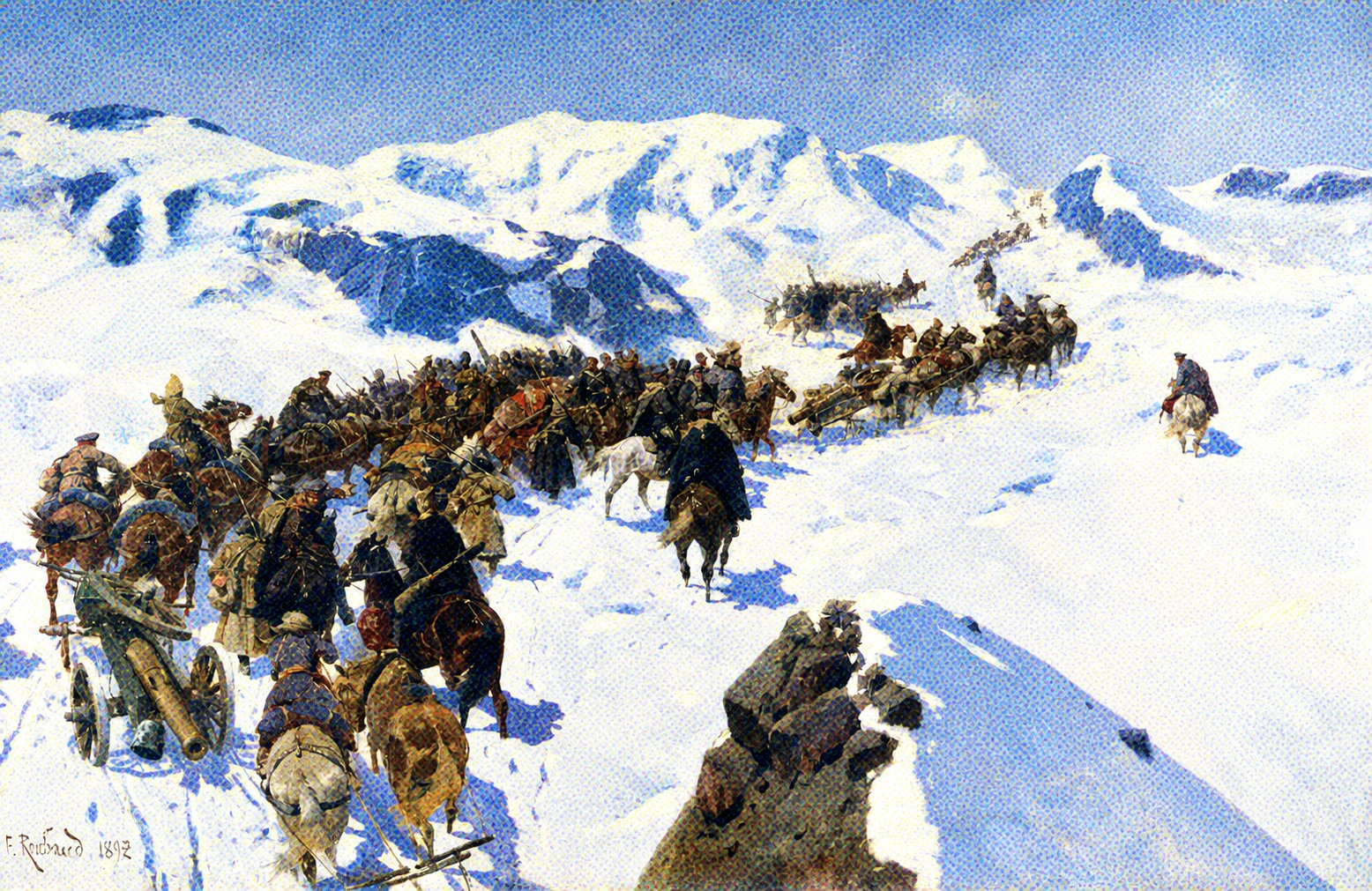 A colored halftone treatment of Count Argutinsky and his expedition crossing the snow-covered Caucasus mountains, after Franz Roubaud.
